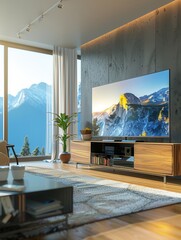 Aufkleber - A modern living room features a large smart TV displaying a scenic mountain vista, showcasing the high-definition image quality. Generative AI