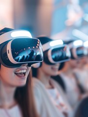 Poster - An immersive advertisement for a new virtual reality headset, demonstrating various VR experiences, from gaming to travel to educational content, with close-ups of the headset and users' reactions