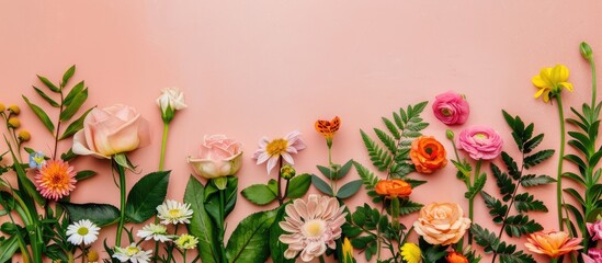 Wall Mural - Colorful Flowers and Leaves Arranged Creatively with Space for Card Note, Embracing the Concept of Nature. Flat Lay Composition.