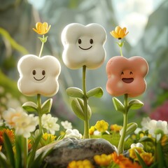 Wall Mural - Three smiling flowers with a blue and pink flower in the middle