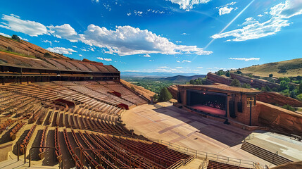 outdoor concert venue set among dramatic red rock formations against blue sky.