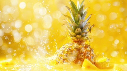 Pineapple in water splashes isolated on yellow background. Summer juicy fruit concept photogr