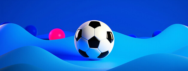 Wall Mural - 3d style banner with soccer ball and electric blue waves on ultramarine blue background with copy space. For sports marketing, posters, graphics, ads, blogs. Summer Olympic Games in France