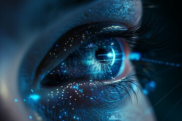 Poster - A close up shot of a human eye undergoing biometric retina scanning. The eye is illuminated with a