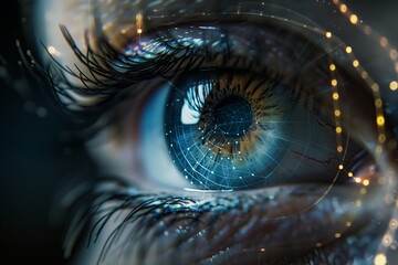 Poster - A close up shot of a human eye undergoing biometric retina scanning. The eye is illuminated with a