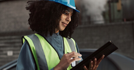 Sticker - Construction, planning and black woman on tablet in city for inspection, building and maintenance. Engineering, architecture and person on digital tech for project, infrastructure and manufacturing