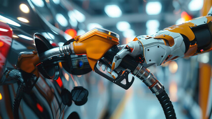 Wall Mural - A robotic arm is refueling a vehicle at a futuristic, high-tech fueling station, showcasing advancements in automation and AI technology.