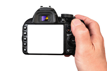 Hand Holding Digital Camera With Blank Screen Isolated On Transparent Background