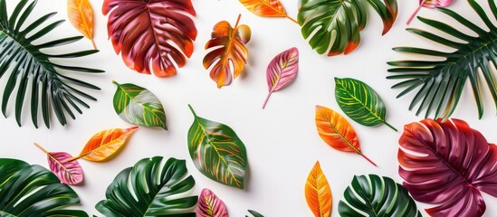 Wall Mural - Colorful Tropical Leaves Arranged in a Creative Pattern Against a White Background