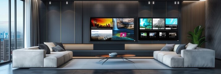 Wall Mural - A stylish living room with large, modern smart TVs displaying bright, high-resolution images. The room features comfortable couches and a sleek coffee table. Generative AI