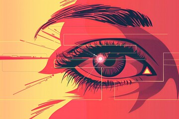 Poster - A flat style illustration of a human eye undergoing biometric retina scanning. The eye is depicted
