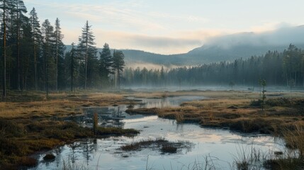  Vast peatland with misty morning light, highlighting the rich, carbon-rich soil layers