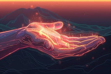 Poster - A flat style illustration of a human hand outstretched, with a volumetric hologram floating above