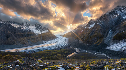 A glacial valley with dramatic clouds and sun rays piercing through