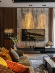 Poster - A sleek home theater setup in a modern living room includes two large TVs mounted on a wall unit. Decor is minimalist with comfy seating and a coffee table. Generative AI