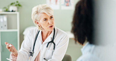 Poster - Mature woman, doctor and consultation with patient for prescription, diagnosis or medical results at hospital. Female person talking or consulting client with tablet, advice or procedure at clinic