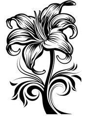 Wall Mural - A black and white drawing of a flower with a long stem. The flower is very detailed and has a lot of intricate lines. Scene is elegant and sophisticated