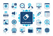 © Genestro - Tag and Metadata icon set. Information System, Keywords, Classification, Hashtags, Bookmark, Content, Search, Link. Duotone color solid icons