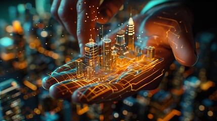 Poster - A high resolution graph of an outstretched hand holding a volumetric hologram. The hologram shows a