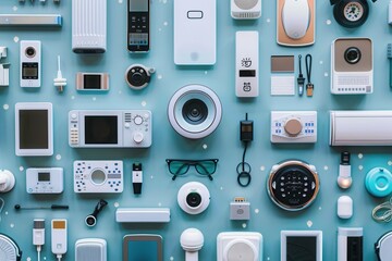 Fototapete - A variety of smart home devices, including thermostats, cameras, plugs, and light bulbs, are displayed on a blue background, showcasing a seamlessly connected network. Generative AI
