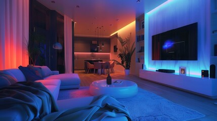 Poster - A modern living room features a large smart TV, a sleek home theater system, and stylish furniture illuminated with colorful ambient lighting. Generative AI