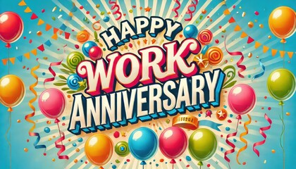 Happy Work Anniversary Banner with Colorful Streamers and Balloons