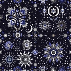 Wall Mural - Mystical Midnight Floral Pattern with Celestial Elements