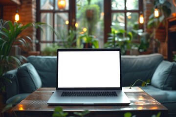 Poster - Laptop With Blank Screen on Wooden Table in Coffee Shop
