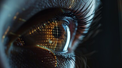 Poster - A realistic capturing a biometric retina scan. The eye is open, with a sophisticated scanner