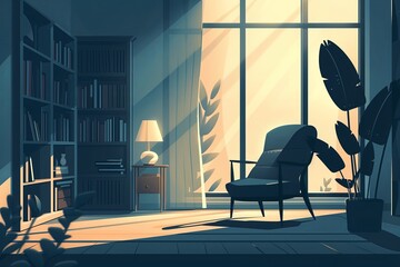 Poster - A serene illustration in flat style of an interior scene with chiaroscuro lighting. Light from a