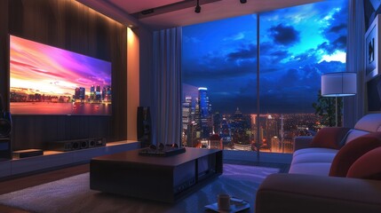 Poster - A stylish living room with a modern home theater setup featuring smart TVs and a city skyline view at night. Generative AI