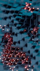Poster - 3D Abstract Render of Teal Cubes with Red Glowing Highlights - Futuristic Geometric Design