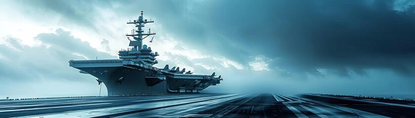 Military aircraft carrier ship with fighter jets, detailed, high contrast, realistic illustration
