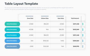 Fototapete - Table layout template with five options and a total amount column. Simple flat template for project data visualization.
