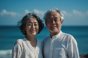 Japanese elderly couple traveling by the seaside