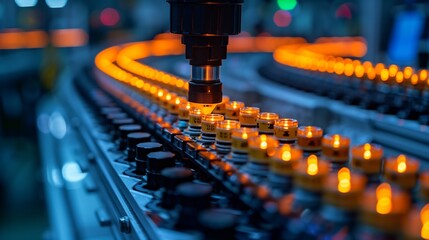 Wall Mural - Automated assembly line with glowing lights. Close-up of an automated assembly line with precision machinery and glowing lights, showcasing modern manufacturing technology.