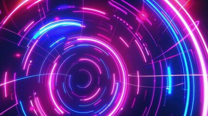 Wall Mural - Colorful neon line circle animation. 4k glowing circles moving cyber background concept neon video intro.