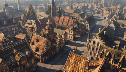 an aerial illustration of a medieval town