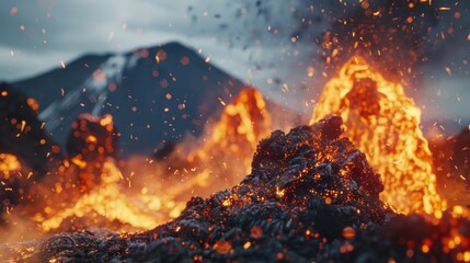 Poster - A close-up view of a mountain engulfed in lava and flames, with fiery hot molten rock flowing down the slope