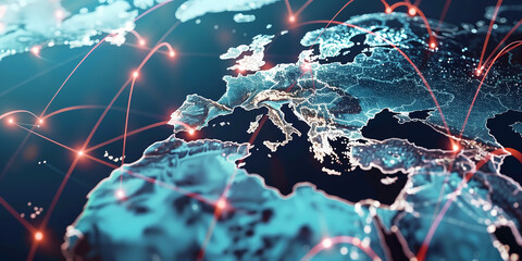 Wall Mural - Western Europe map global network connectivity, finance transactions, world business trading, telecommunication