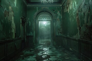 Poster - A dimly lit hallway with a chandelier and a door, suitable for use in horror or mystery scenes