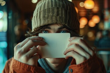 Fototapete - A person conceals their identity with a sheet of paper, one phrase about what pictured on image and a one phrase with a short advice of where may be used this picture