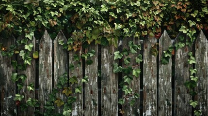 Poster - A rustic wooden fence overgrown with lush greenery, ideal for use as a background or in a landscape photo