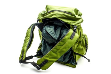 Poster - A green backpack sits on a white surface, ideal for use in travel or adventure themed projects