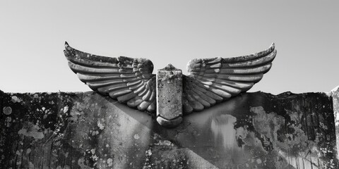 Poster - A black and white photograph of a statue with wings, perfect for use in historical or cultural themed projects