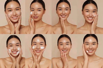 A series of images showing a woman applying skincare products. Each step highlights the importance of skincare routines, ideal for beauty and wellness concepts.