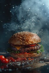 Poster - Freshly prepared hamburger with lettuce, tomato, and cheese on a wooden cutting board