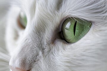 Aufkleber - A close-up view of a white cat's face, featuring bright green eyes