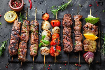 Set of delicious grilled kebabs on skewers, photography 