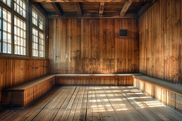 Wall Mural - A simple wooden room with a bench and a window